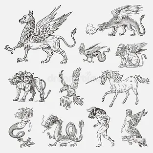 Collezione di illustrazioni in bianco e nero di creature mitologiche e fantastiche, simili a quelle di Harry Potter.