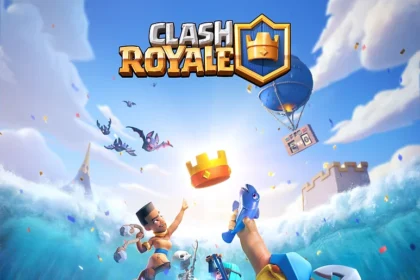Immagine promozionale di Clash Royale con personaggi in battaglia e logo del gioco in alto.