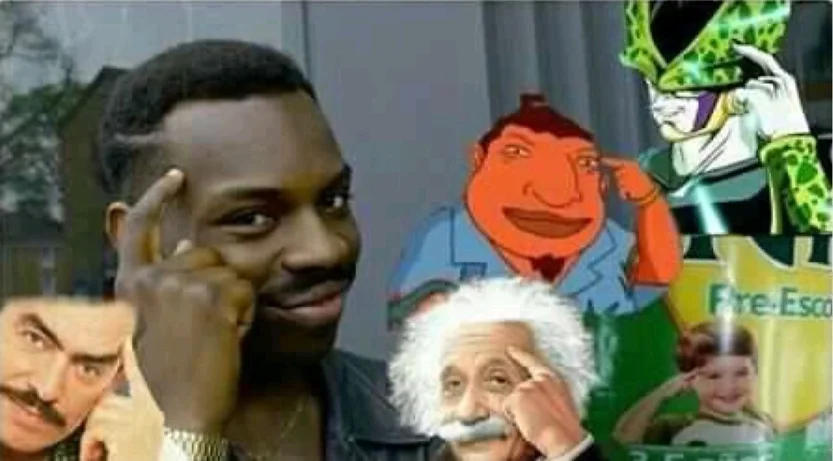 Meme di personaggi della cultura pop che indicano le loro tempie in segno di intelligenza.