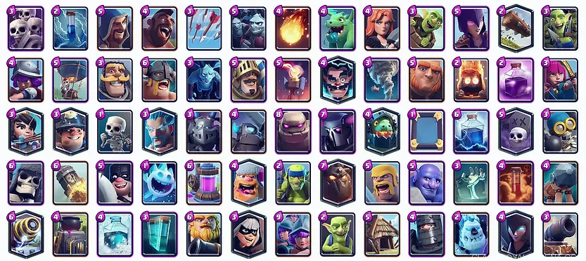 Collezione di carte di Clash Royale con truppe, incantesimi e strutture per strategie di gioco.