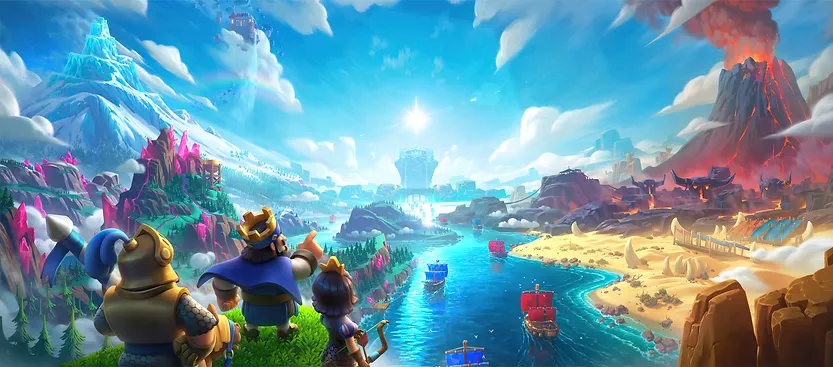 Vista panoramica delle arene di Clash Royale con paesaggi spettacolari e personaggi del gioco.