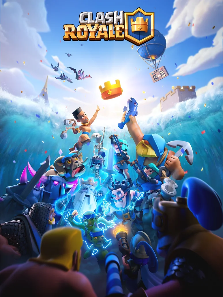 Immagine promozionale di Clash Royale con personaggi in battaglia e logo del gioco in alto.