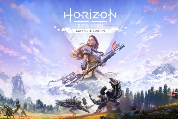Copertina di Horizon Zero Dawn Complete Edition con Aloy, macchine e paesaggi montuosi.