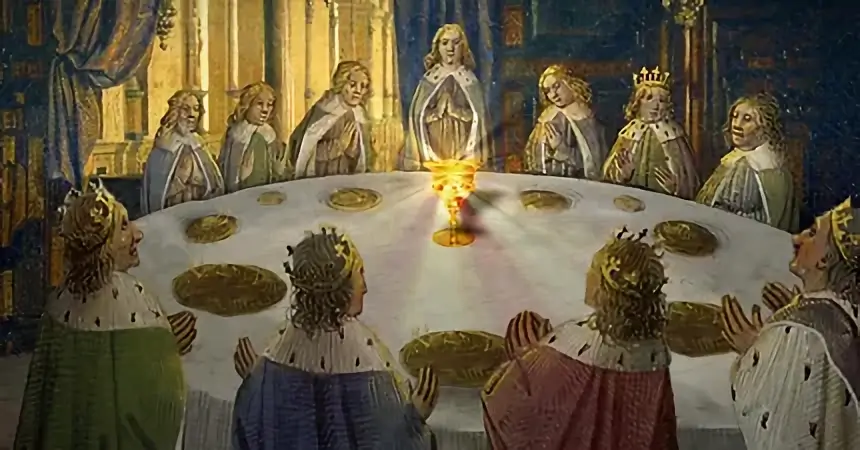 Illustrazione dei Cavalieri della Tavola Rotonda riuniti attorno al Sacro Graal, richiamo al Calice di Fuoco in Harry Potter.
