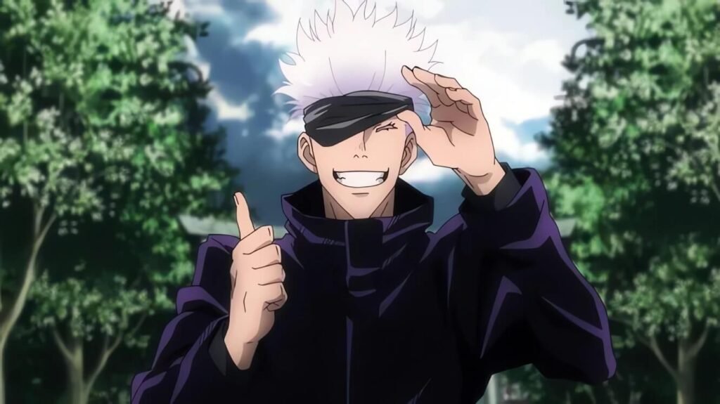 Satoru Gojo di Jujutsu Kaisen sorridente con una benda nera sugli occhi e un pollice alzato in segno di approvazione.