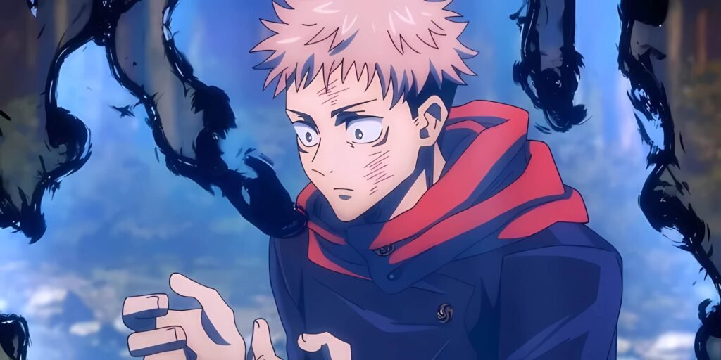Yuji Itadori di Jujutsu Kaisen in un momento di tensione, circondato da Energia Malefica