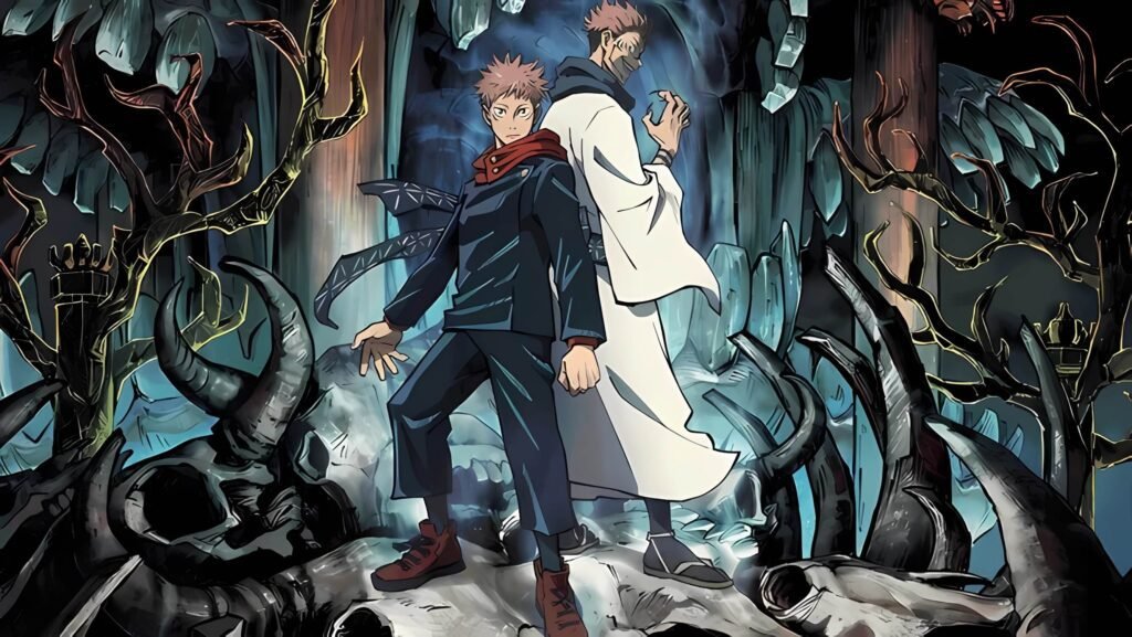 Yuji Itadori e Sukuna da Jujutsu Kaisen, schiena contro schiena in un ambiente oscuro con alberi contorti e teschi