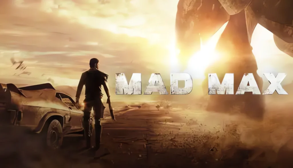 Copertina di Mad Max con un uomo armato e un'auto nel deserto apocalittico Gioco