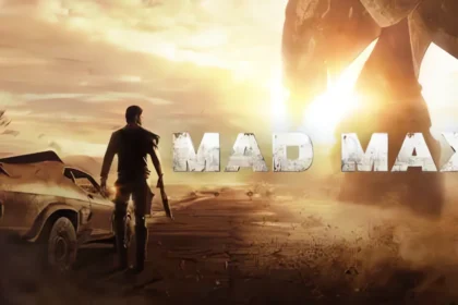 Copertina di Mad Max con un uomo armato e un'auto nel deserto apocalittico Gioco