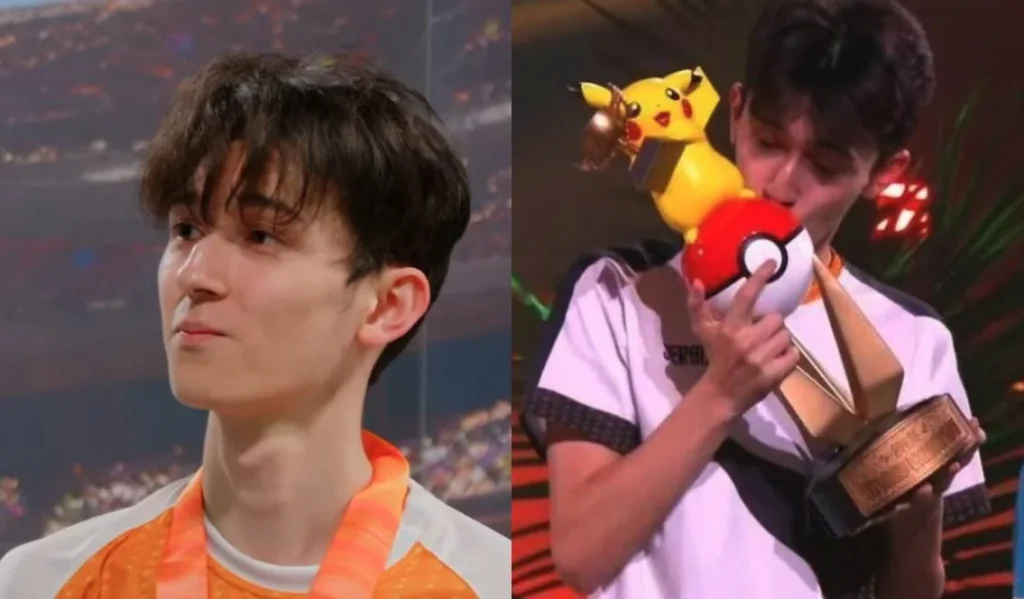 Luca Ceribelli campione mondiale Pokémon VGC 2024 bacia il trofeo dopo la vittoria