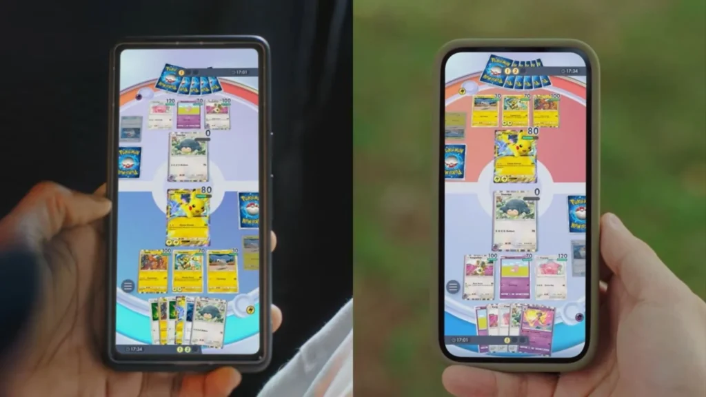 Partita di Pokémon Trading Card Game Pocket su smartphone, con carte Pokémon come Pikachu e Snorlax.