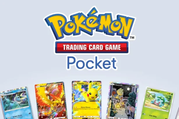 Logo del Pokémon Trading Card Game Pocket con carte di Pokémon come Vaporeon, Moltres, e Pikachu.