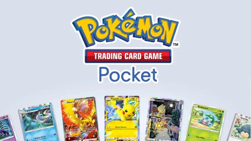 Logo del Pokémon Trading Card Game Pocket con carte di Pokémon come Vaporeon, Moltres, e Pikachu.