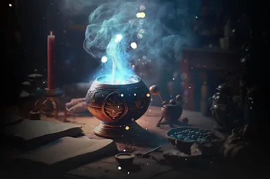 Calderone che produce fumo azzurro, rappresentando la Pozione Polisucco nel mondo di Harry Potter.