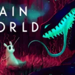 Copertina di Rain World con una creatura e un predatore luminescente.