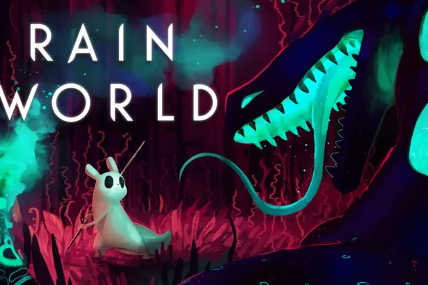 Copertina di Rain World con una creatura e un predatore luminescente.