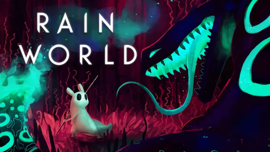 Copertina di Rain World con una creatura e un predatore luminescente.