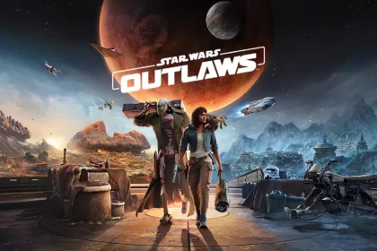 Personaggi principali di Star Wars Outlaws con pianeta rosso sullo sfondo