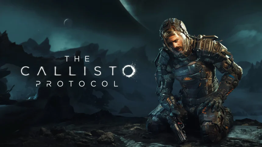Protagonista di The Callisto Protocol con armatura spaziale su sfondo oscuro.