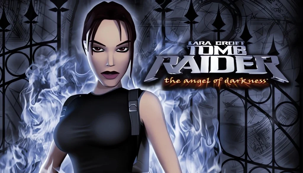 Copertina di Tomb Raider: The Angel of Darkness con Lara Croft e sfondo gotico oscuro.