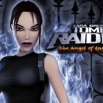 Copertina di Tomb Raider: The Angel of Darkness con Lara Croft e sfondo gotico oscuro.