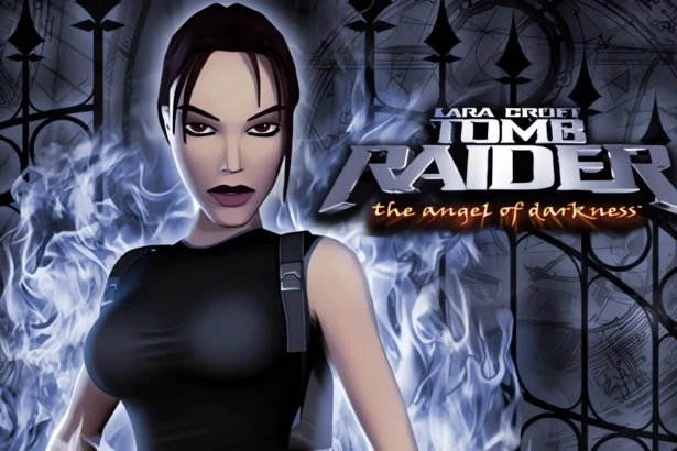 Copertina di Tomb Raider: The Angel of Darkness con Lara Croft e sfondo gotico oscuro.