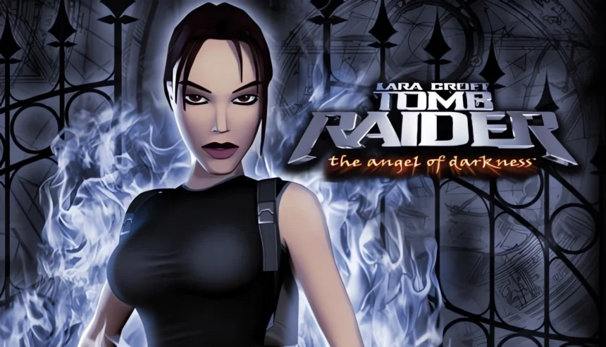 Copertina di Tomb Raider: The Angel of Darkness con Lara Croft e sfondo gotico oscuro.