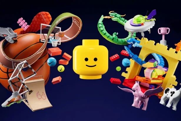 Composizione colorata con elementi Nike e Lego che celebrano la collaborazione per il 2025.