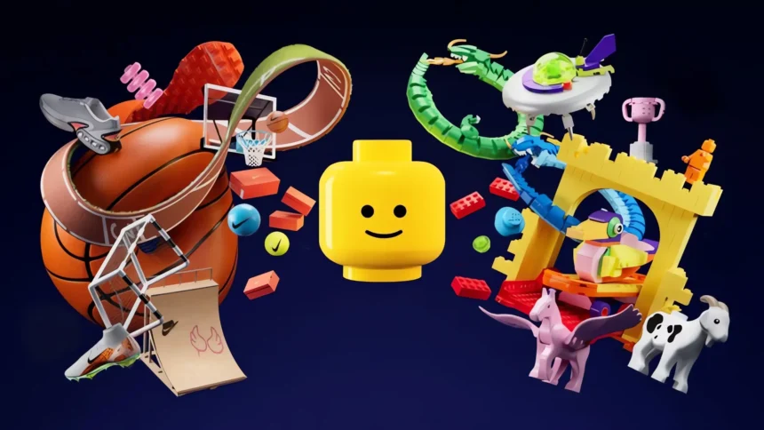 Composizione colorata con elementi Nike e Lego che celebrano la collaborazione per il 2025.
