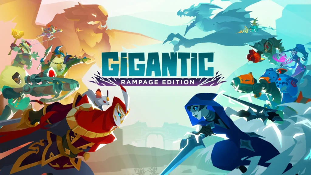Personaggi di Gigantic Rampage Edition si preparano per una battaglia epica con giganti sullo sfondo.
