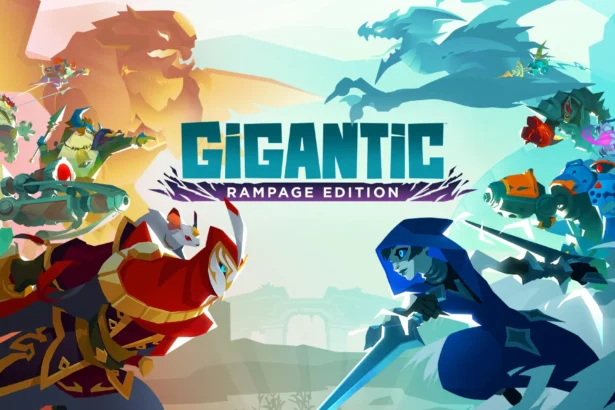Personaggi di Gigantic Rampage Edition si preparano per una battaglia epica con giganti sullo sfondo.
