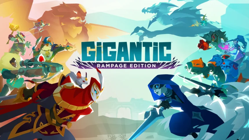 Personaggi di Gigantic Rampage Edition si preparano per una battaglia epica con giganti sullo sfondo.