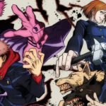 Yuji Itadori, Megumi Fushiguro e Nobara Kugisaki in azione contro le maledizioni, con Sukuna che appare minaccioso sullo sfondo