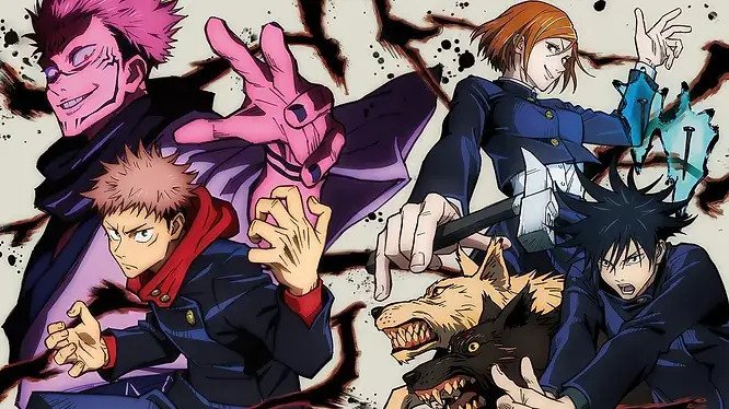 Yuji Itadori, Megumi Fushiguro e Nobara Kugisaki in azione contro le maledizioni, con Sukuna che appare minaccioso sullo sfondo