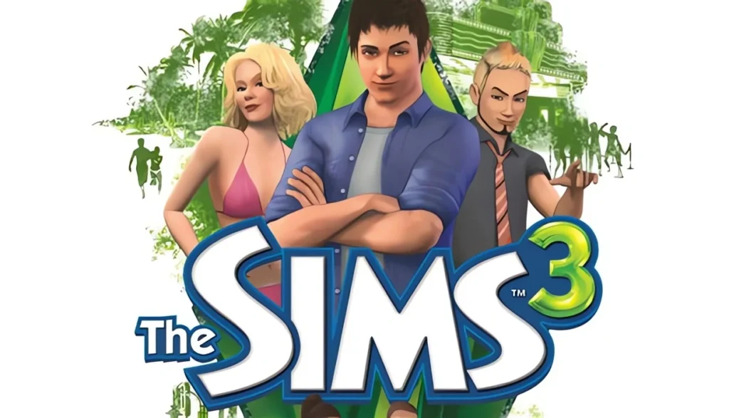 Copertina del videogioco The Sims 3 con tre personaggi sim in primo piano.