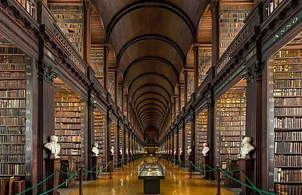Interno della Biblioteca dell'Università di Oxford con soffitti a volta e file di antichi libri, ispirazione per Harry Potter.