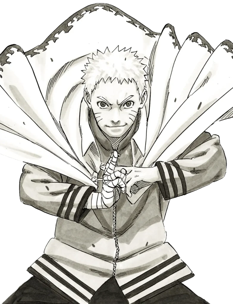 Naruto Uzumaki in un'illustrazione in bianco e nero, in posa mentre esegue una tecnica ninja, con il mantello da Hokage che lo avvolge.