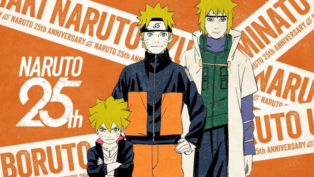 Illustrazione per il 25° anniversario di Naruto, con Naruto, Minato e Boruto in posa. Sullo sfondo arancione è presente il logo celebrativo del 25° anniversario della serie anime e manga Naruto.