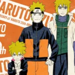 Illustrazione per il 25° anniversario di Naruto, con Naruto, Minato e Boruto in posa. Sullo sfondo arancione è presente il logo celebrativo del 25° anniversario della serie anime e manga Naruto.