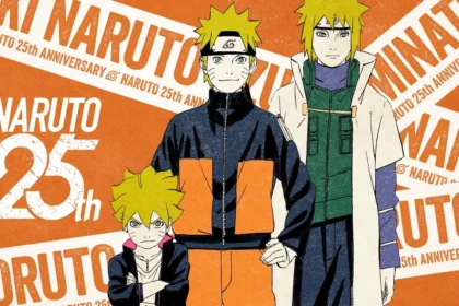 Illustrazione per il 25° anniversario di Naruto, con Naruto, Minato e Boruto in posa. Sullo sfondo arancione è presente il logo celebrativo del 25° anniversario della serie anime e manga Naruto.