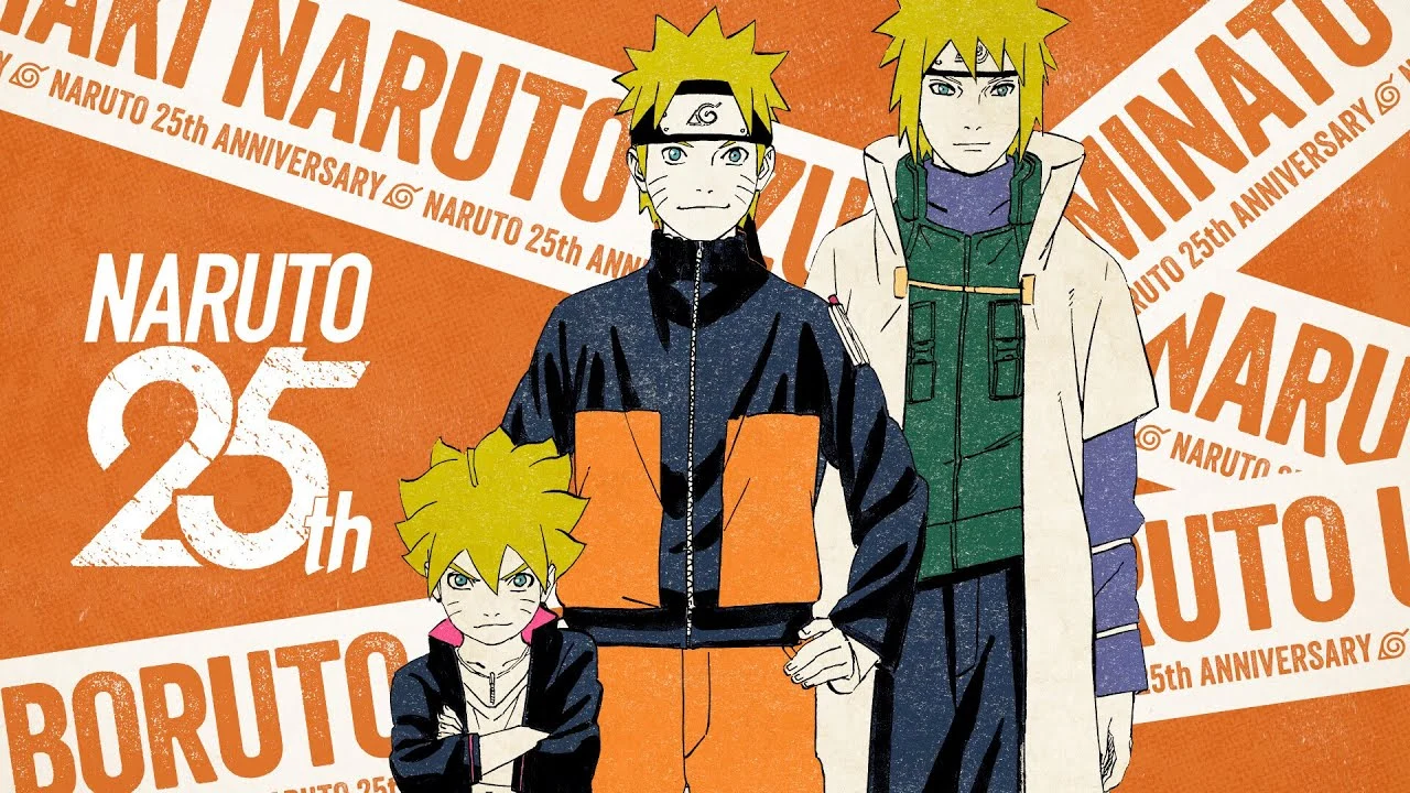 Illustrazione per il 25° anniversario di Naruto, con Naruto, Minato e Boruto in posa. Sullo sfondo arancione è presente il logo celebrativo del 25° anniversario della serie anime e manga Naruto.