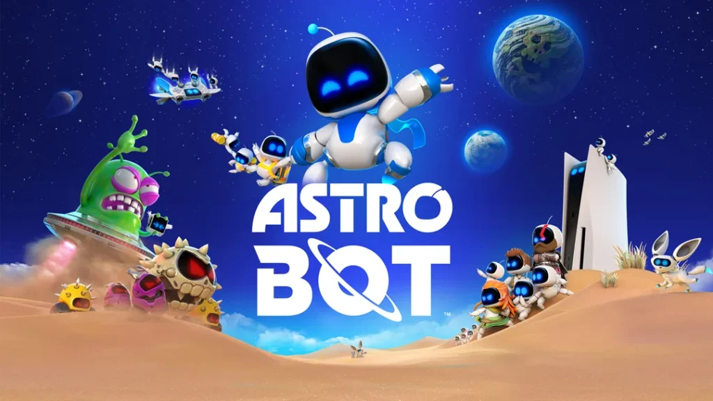 stro Bot gioco PS5 con personaggi robotici su un pianeta desertico