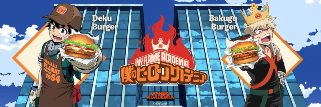Deku e Bakugo di My Hero Academia con i rispettivi burger a tema in un'immagine promozionale di Burger King. Deku tiene il "Deku Burger", mentre Bakugo tiene il "Bakugo Burger".