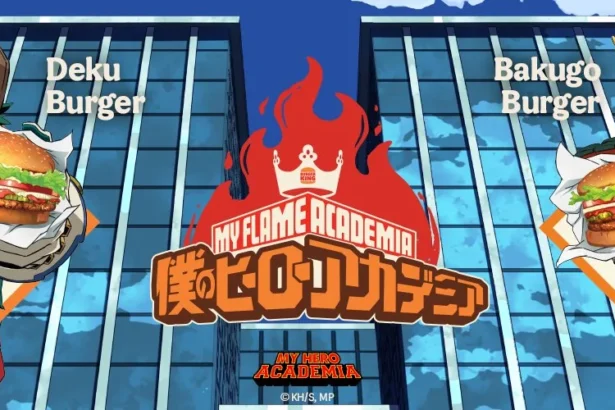 Deku e Bakugo di My Hero Academia con i rispettivi burger a tema in un'immagine promozionale di Burger King. Deku tiene il "Deku Burger", mentre Bakugo tiene il "Bakugo Burger".