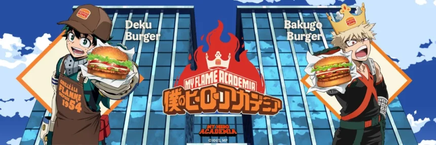 Deku e Bakugo di My Hero Academia con i rispettivi burger a tema in un'immagine promozionale di Burger King. Deku tiene il "Deku Burger", mentre Bakugo tiene il "Bakugo Burger".