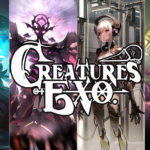 Immagine promozionale di Creatures of Exo, che mostra vari personaggi del gioco rappresentati su quattro pannelli distinti, con stili artistici diversi. Al centro campeggia il logo del gioco in bianco e nero.