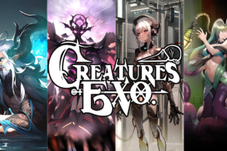 Immagine promozionale di Creatures of Exo, che mostra vari personaggi del gioco rappresentati su quattro pannelli distinti, con stili artistici diversi. Al centro campeggia il logo del gioco in bianco e nero.