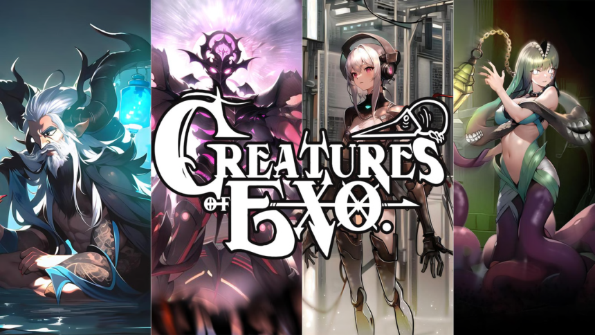 Immagine promozionale di Creatures of Exo, che mostra vari personaggi del gioco rappresentati su quattro pannelli distinti, con stili artistici diversi. Al centro campeggia il logo del gioco in bianco e nero.