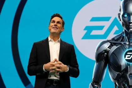 Dirigente di Electronic Arts insieme a un robot futuristico con il logo di EA sul petto, su uno sfondo con il logo EA.