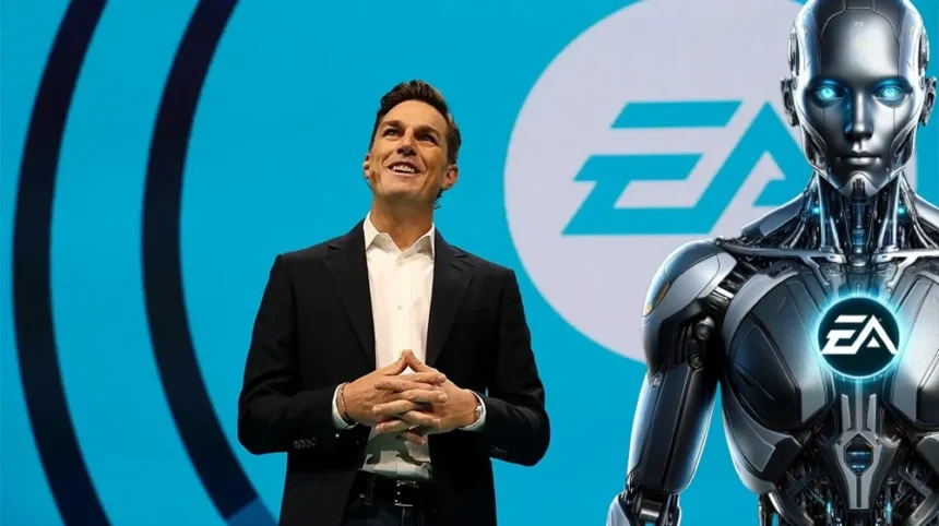 Dirigente di Electronic Arts insieme a un robot futuristico con il logo di EA sul petto, su uno sfondo con il logo EA.